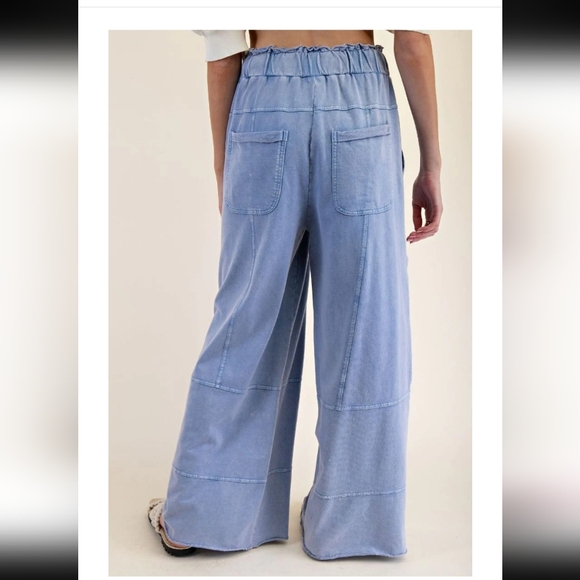 Easel Los Angeles Blue 100% Cotton Terry Knit Wide Leg Cargo Pants Boutique - Picture 3 of 9